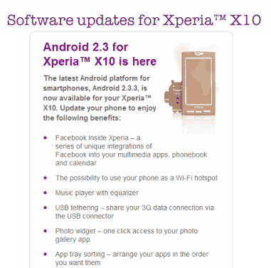 Обновление Android 2.3 для Sony Ericsson Xperia X10
